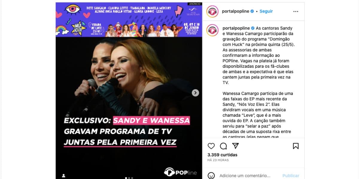 Comunicado sobre Wanessa Camargo e Sandy (Foto" Reprodução / Instagram) Comunicado sobre Wanessa Camargo e Sandy (Foto" Reprodução / Instagram)