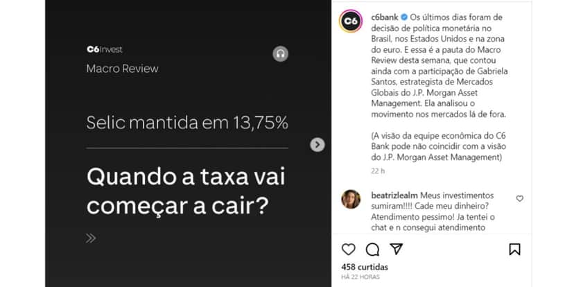 Aviso do C6 Bank nas rede sociais (Foto: Reprodução/Instagram) Aviso do C6 Bank nas rede sociais (Foto: Reprodução/Instagram)