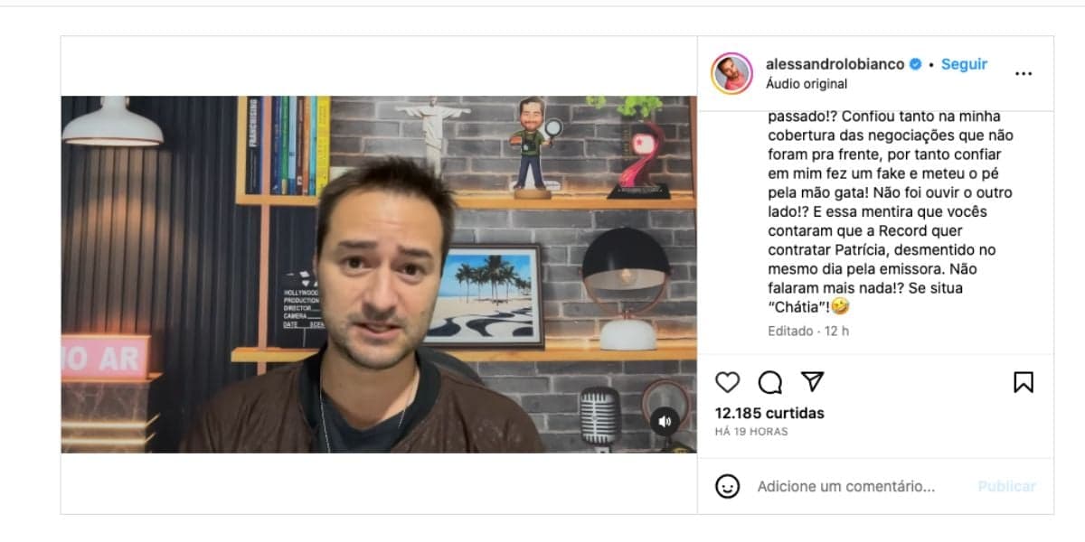 Alessandro Lo-Bianco expõe programa de Catia Fonseca (Foto: Reprodução / Instagram) Alessandro Lo-Bianco expõe programa de Catia Fonseca (Foto: Reprodução / Instagram)