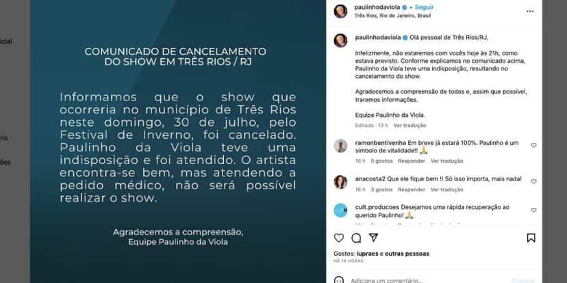Comunicado Paulinho da Viola (Foto: Reprodução / Instagram) Comunicado Paulinho da Viola (Foto: Reprodução / Instagram)
