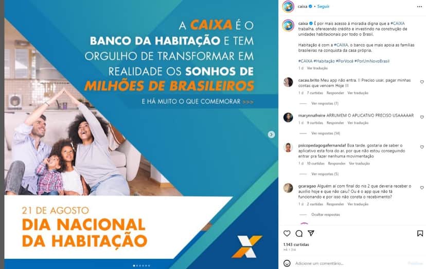 Clientes da Caixa reclamando do banco em publicação do Instagram - Foto Reprodução Instagram Clientes da Caixa reclamando do banco em publicação do Instagram - Foto Reprodução Instagram
