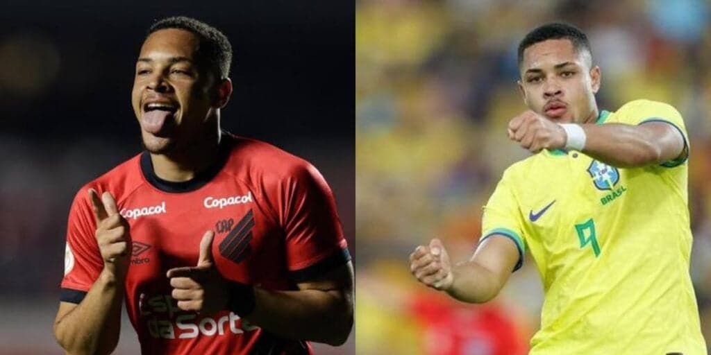 Vitor Roque, atacante do Athletico Paranaense (Foto - Montagem TV Foco). Vitor Roque, atacante do Athletico Paranaense (Foto - Montagem TV Foco).