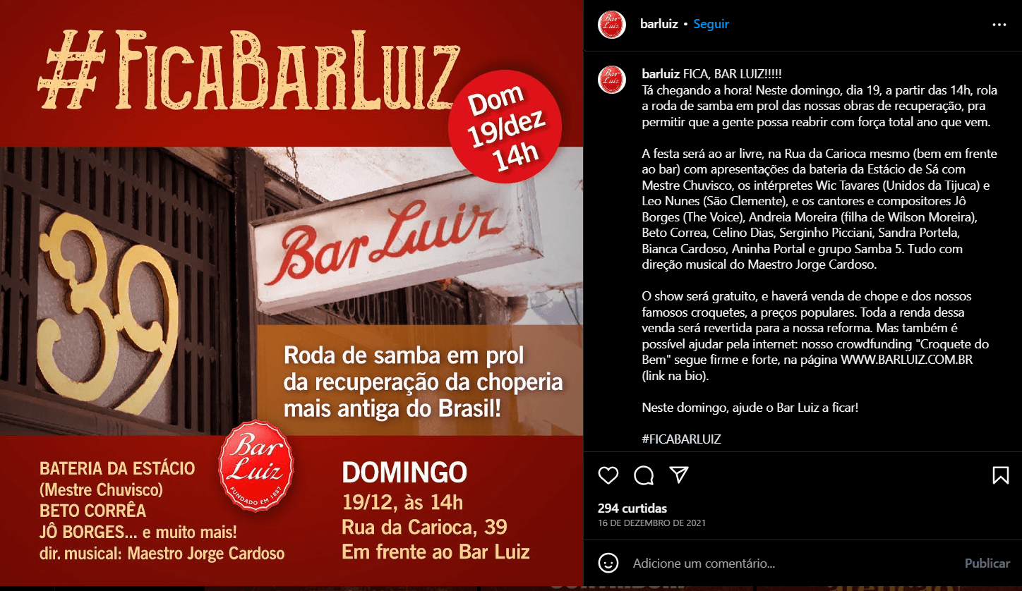 Foi movimentada uma ação solidária pela permanência do Bar Luiz (Foto Reprodução/Instagram) Foi movimentada uma ação solidária pela permanência do Bar Luiz (Foto Reprodução/Instagram)