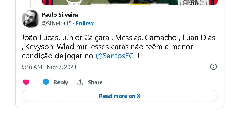 Torcedor do Santos revoltado com o time no twitter - Foto Reprodução Internet Torcedor do Santos revoltado com o time no twitter - Foto Reprodução Internet