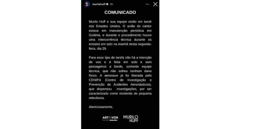Comunicado da assessoria de Murilo Huff (Foto: Reprodução / Instagram) Comunicado da assessoria de Murilo Huff (Foto: Reprodução / Instagram)