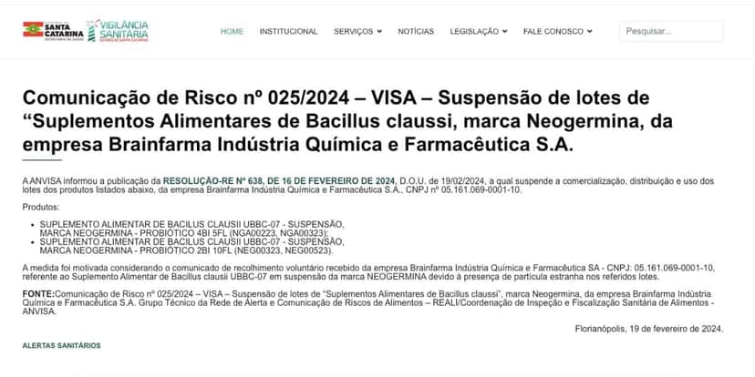 Nota da Anvisa (Foto: Reprodução / site oficial) Nota da Anvisa (Foto: Reprodução / site oficial)