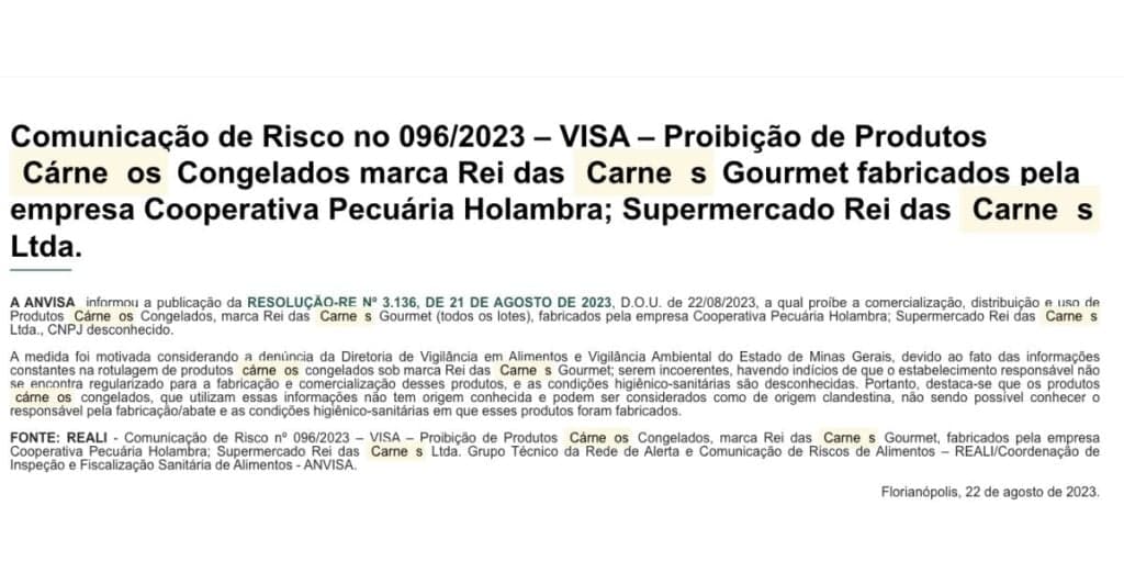 Nota sobre produto da marca Rei das Carnes Gourmet(Foto: Reprodução / site) Nota sobre produto da marca Rei das Carnes Gourmet(Foto: Reprodução / site)