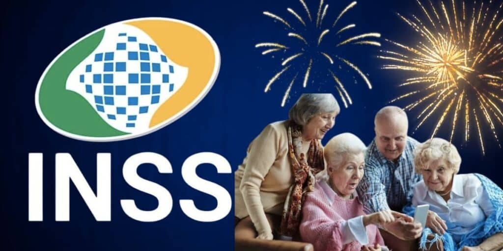 Logo do INSS, fogos de artifício e idosos (Fotos: Reproduções / Internet / Freepik / Montagem) Logo do INSS, fogos de artifício e idosos (Fotos: Reproduções / Internet / Freepik / Montagem)