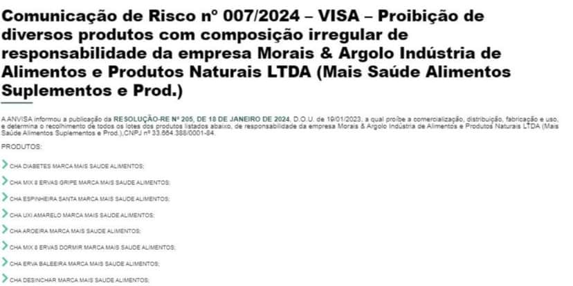 Decreto da ANVISA contra 8 linhas de chá da marca Mais Saúde Alimentos e Suplementos (Foto Reprodução/VISA) Decreto da ANVISA contra 8 linhas de chá da marca Mais Saúde Alimentos e Suplementos (Foto Reprodução/VISA)