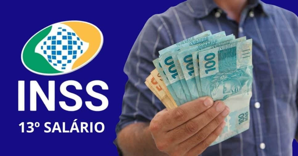 Logo do INSS, 13º salário e homem segurando notas de Real (Fotos: Reproduções / Internet / Canva) Logo do INSS, 13º salário e homem segurando notas de Real (Fotos: Reproduções / Internet / Canva)