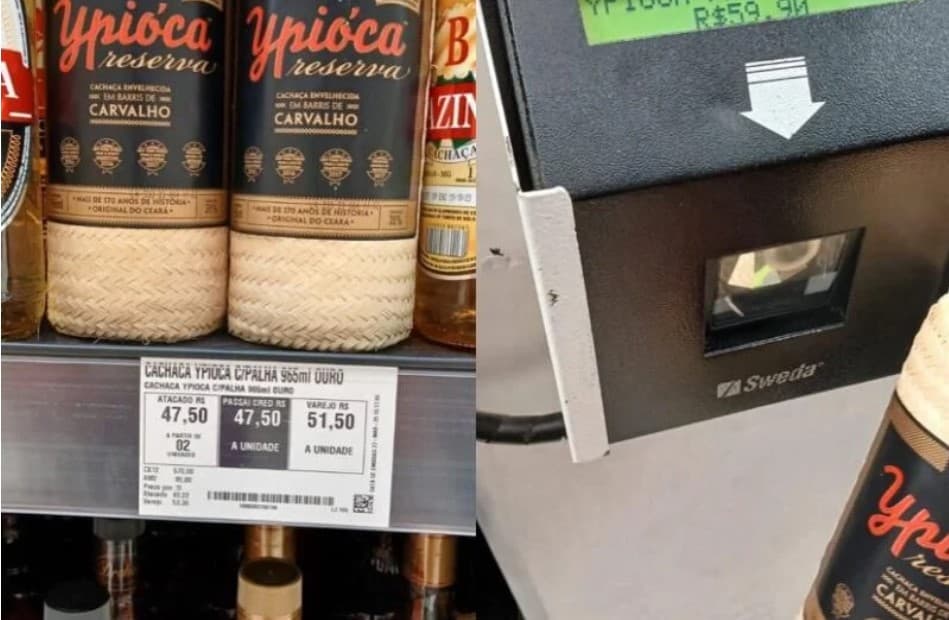 Cachaça com preço errado na prateleira e no caixa (Foto: Reprodução / Procon - GO)
Cachaça com preço errado na prateleira e no caixa (Foto: Reprodução / Procon - GO)