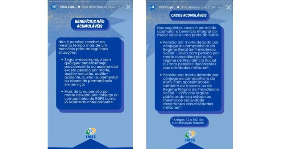 Comunicado do INSS sobre acúmulo de benefícios (Foto: Reprodução / Instagram) Comunicado do INSS sobre acúmulo de benefícios (Foto: Reprodução / Instagram)