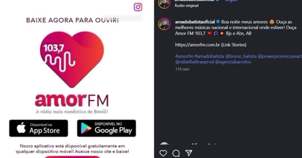 Anúncio da Amor FM antes de ser vendida em 2024 (Foto Reprodução/@amadobatistaoficial) Anúncio da Amor FM antes de ser vendida em 2024 (Foto Reprodução/@amadobatistaoficial)