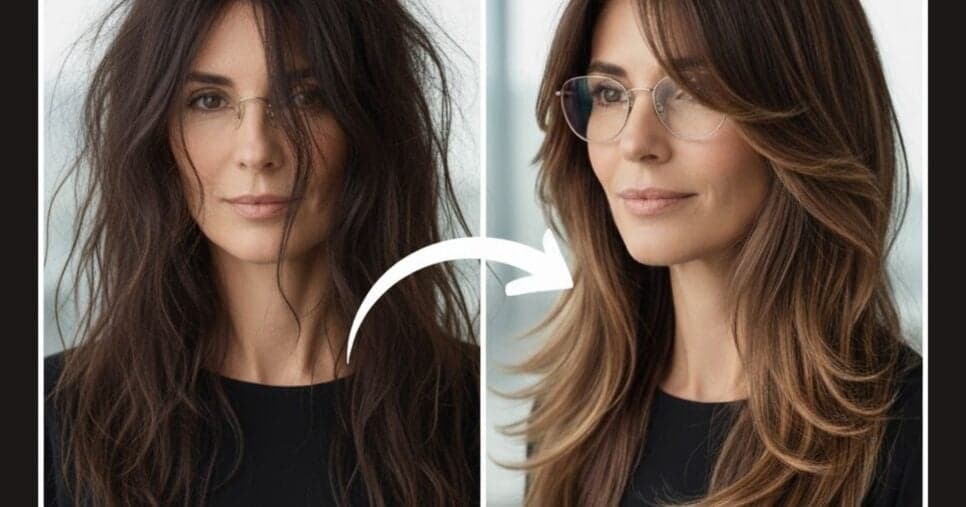 Camadas longas com franja leve - Antes e depois (Foto Reprodução/Montagem/Lennita/GMN/Canva) Camadas longas com franja leve - Antes e depois (Foto Reprodução/Montagem/Lennita/GMN/Canva)