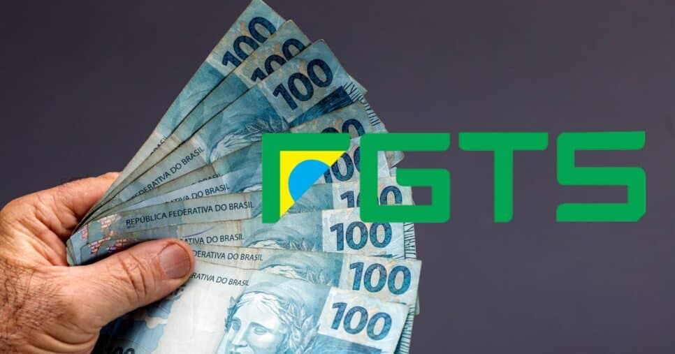 Homem segurando notas de cem reais e logo FGTS (Foto: Montagem TV Foco / Canva / Internet) Homem segurando notas de cem reais e logo FGTS (Foto: Montagem TV Foco / Canva / Internet)