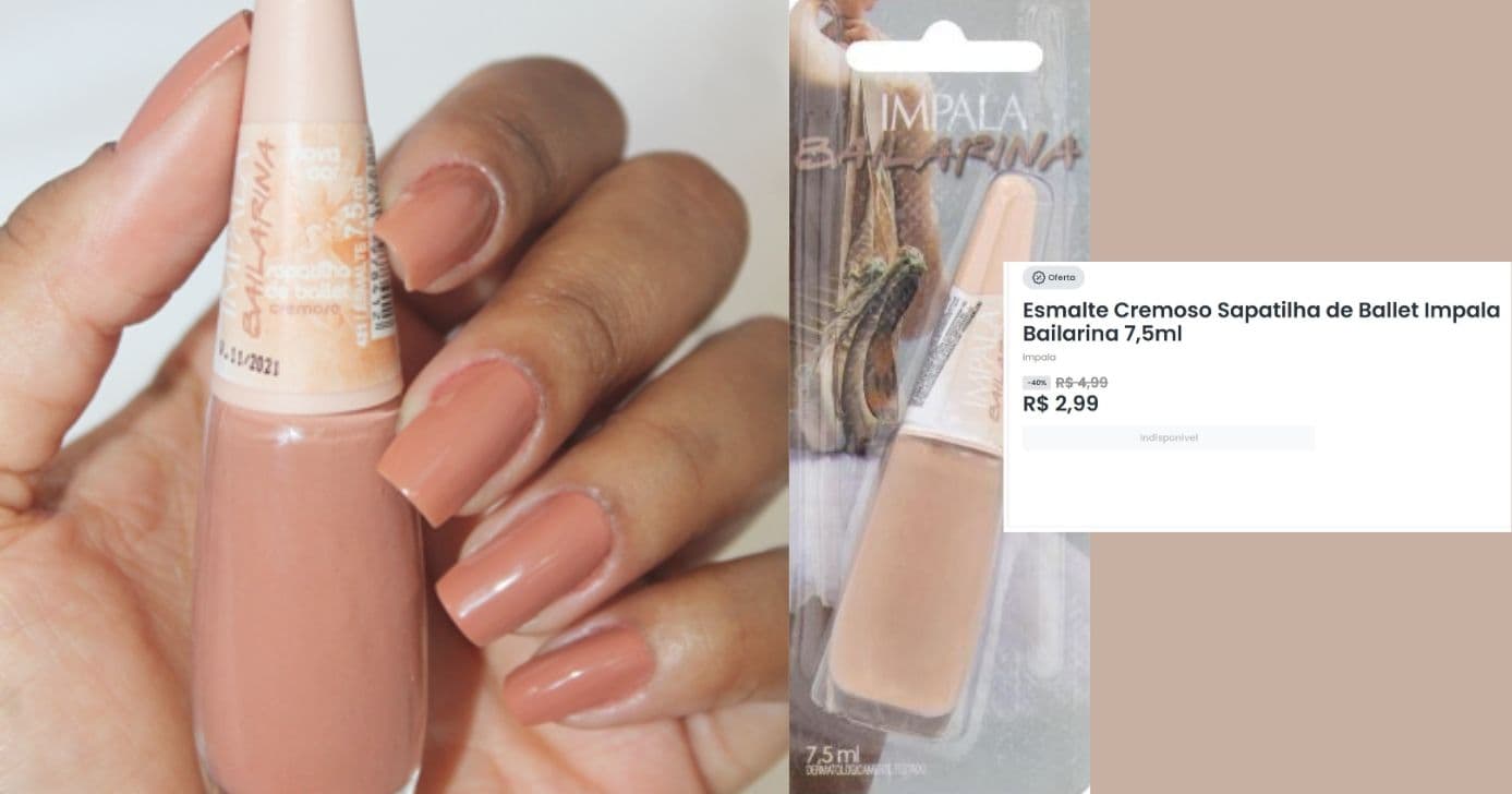 Esmalte Sapatilha de Ballet Impala (Foto Reprodução/Montagem/Lennita/TV Foco/Canva/Farmácia Indiana) Esmalte Sapatilha de Ballet Impala (Foto Reprodução/Montagem/Lennita/TV Foco/Canva/Farmácia Indiana)