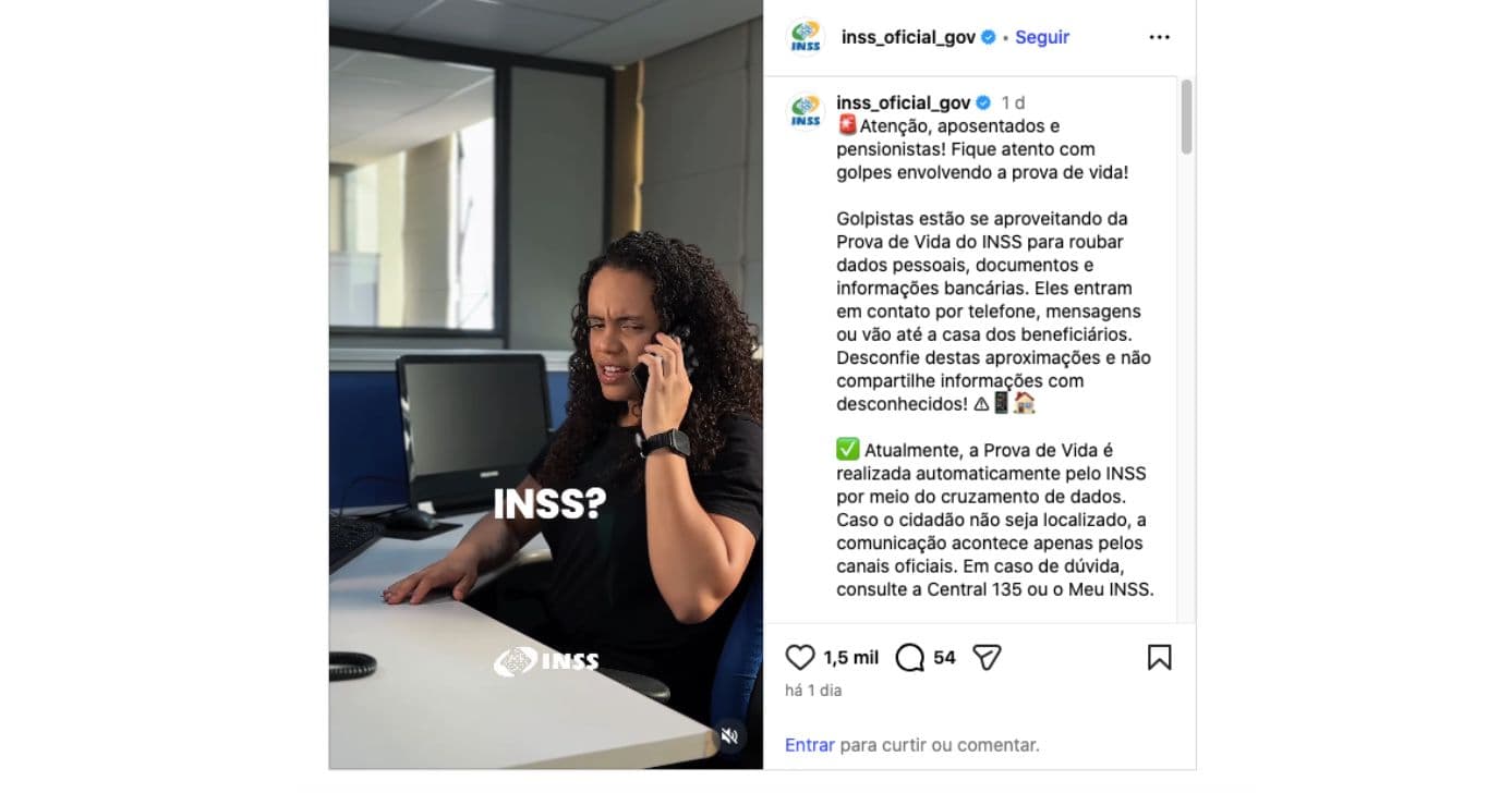 Comunicado do INSS envolvendo golpes e Prova de Vida (Foto: Reprodução / Instagram) Comunicado do INSS envolvendo golpes e Prova de Vida (Foto: Reprodução / Instagram)
