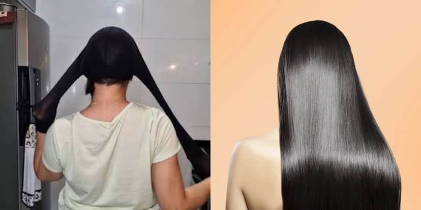 Cabelo mais liso usando touca de meia calça (Reprodução: Montagem TV Foco) Cabelo mais liso usando touca de meia calça (Reprodução: Montagem TV Foco)